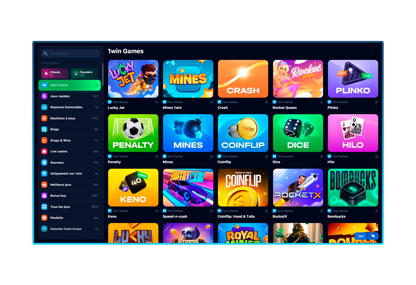 Sélection d'un jeu dans la section des jeux de casino de 1win