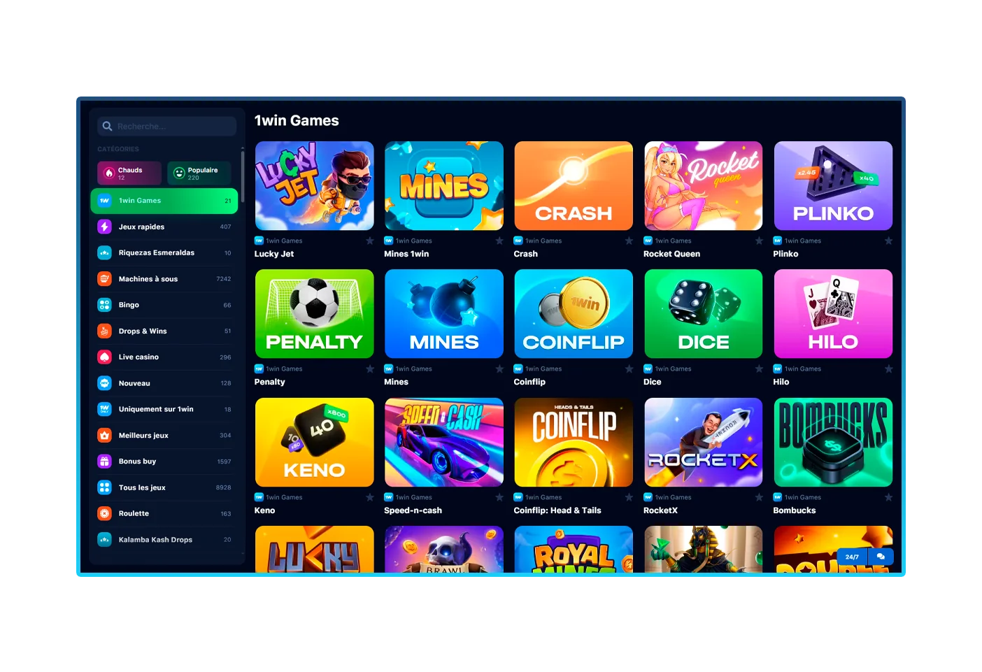 Sélection d'un jeu dans la section des jeux de casino de 1win